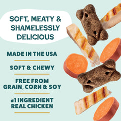 Shameless Pets Cheeky Chicken Meaty Tenders soutien digestif: fibre issue de patate douce recyclée.