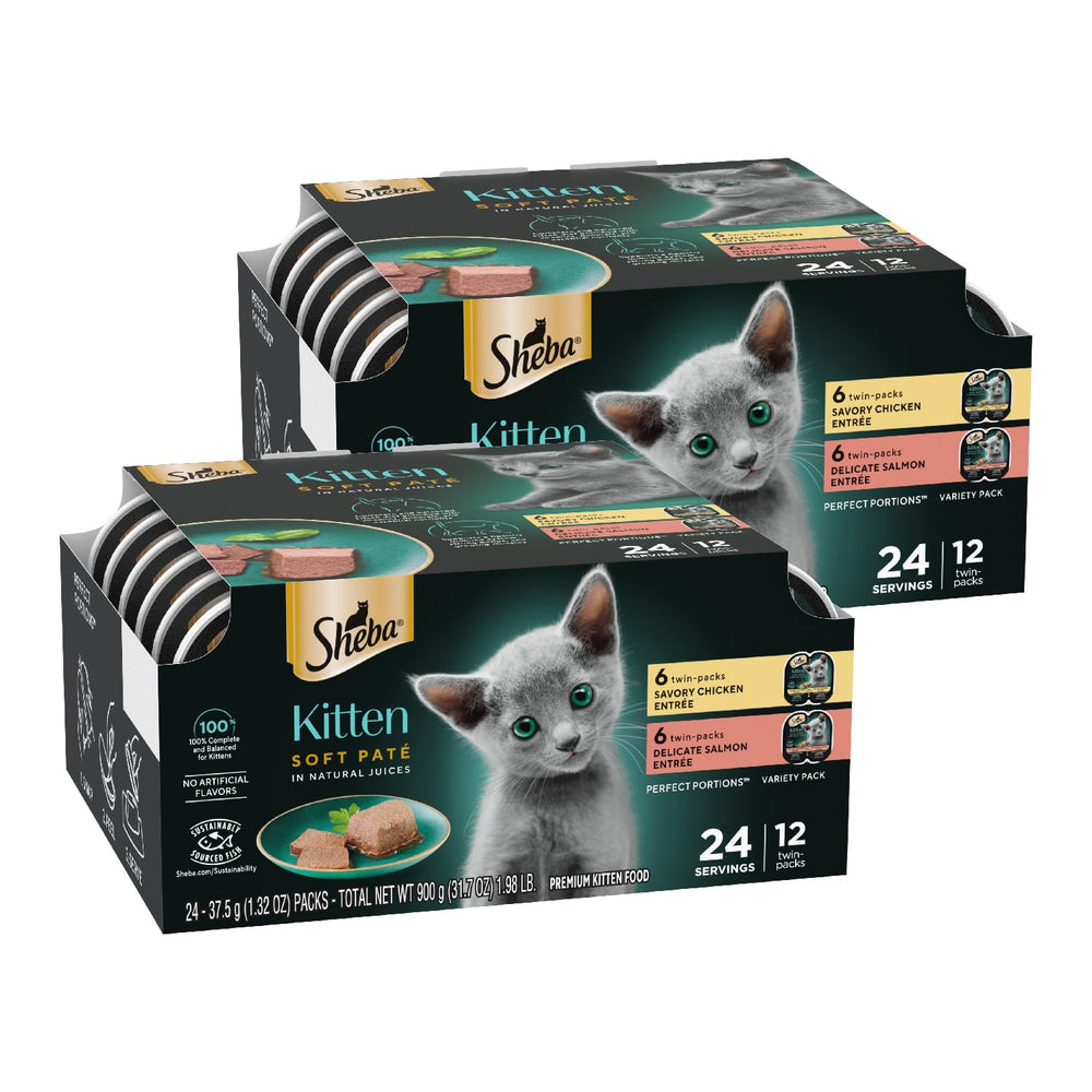 Chaton savourant le pâté poulet Sheba en barquette, portion pratique.