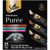 Sheba Premium Puree, tube poulet rôti, texture onctueuse pour un moment câlin.