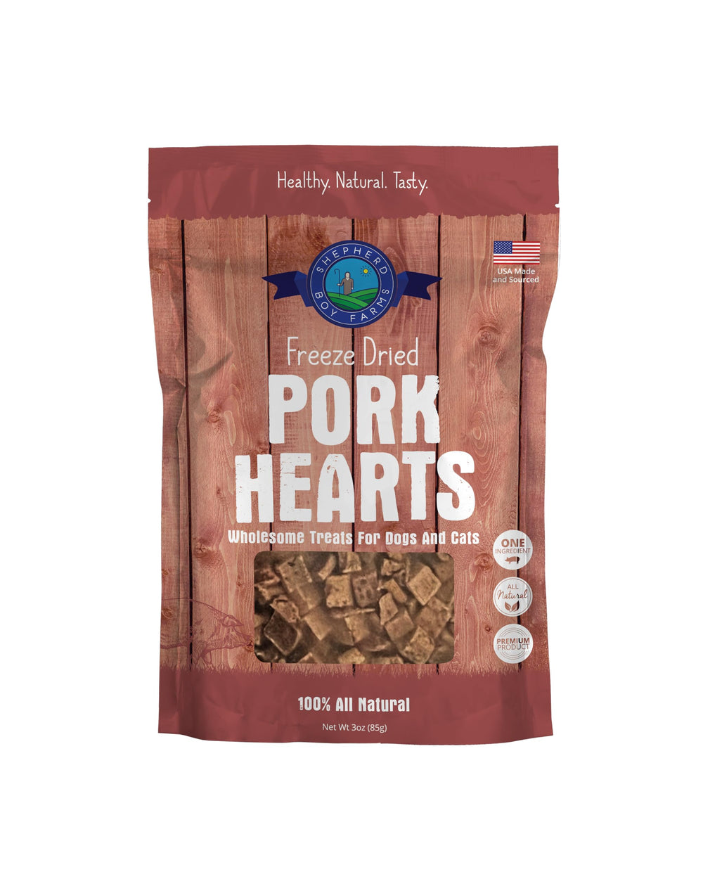 Friandise Coeur de porc lyophilisé Shepherd Boy Farms, riche en protéines pour récompenser votre chien.