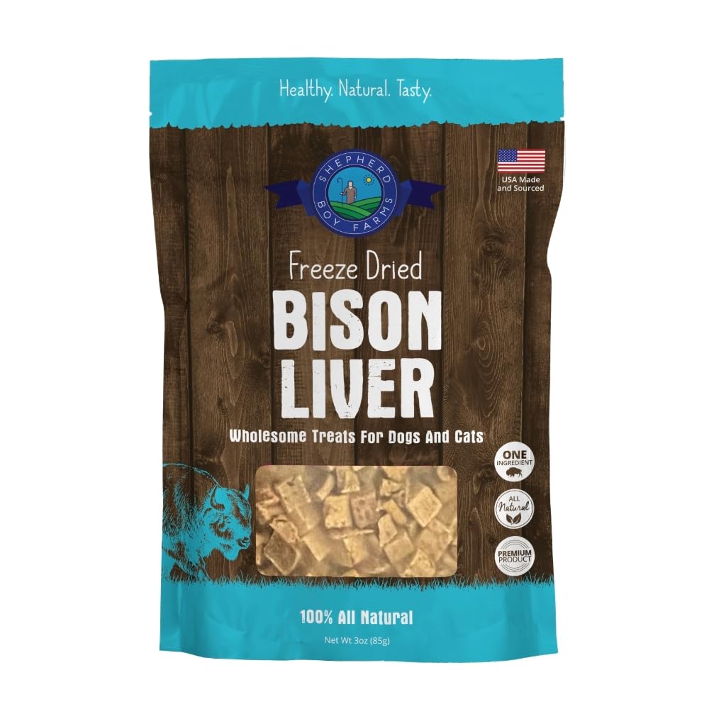 Friandise lyophilisée foie de bison Shepherd Boy Farms pour chiens et chats, riche en protéines.