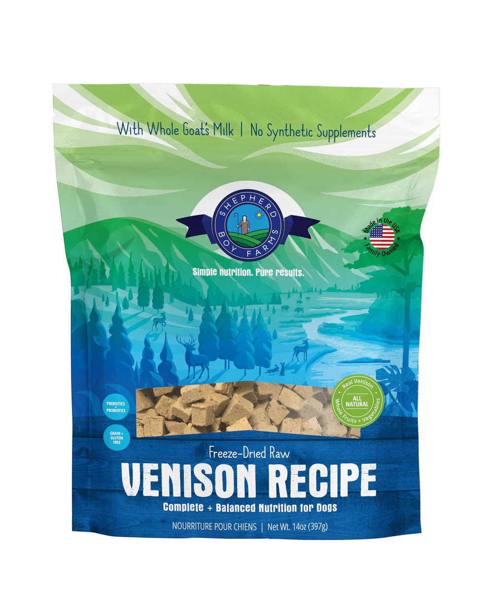 Shepherd Boy Farms emballage – nourriture chien cerf, repas complet sans additifs.