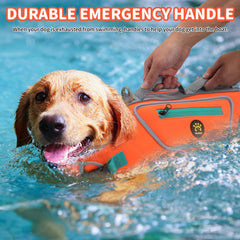 Gilet Sheripet orange pour chien, vue dos, flottabilité accrue et sécurité.