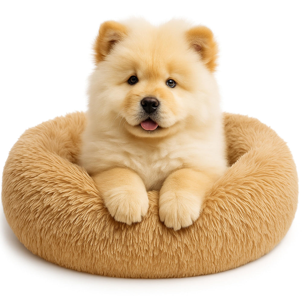 Lit apaisant SHINY-V donut camel petit, douceur rassurante pour chien et chat.
