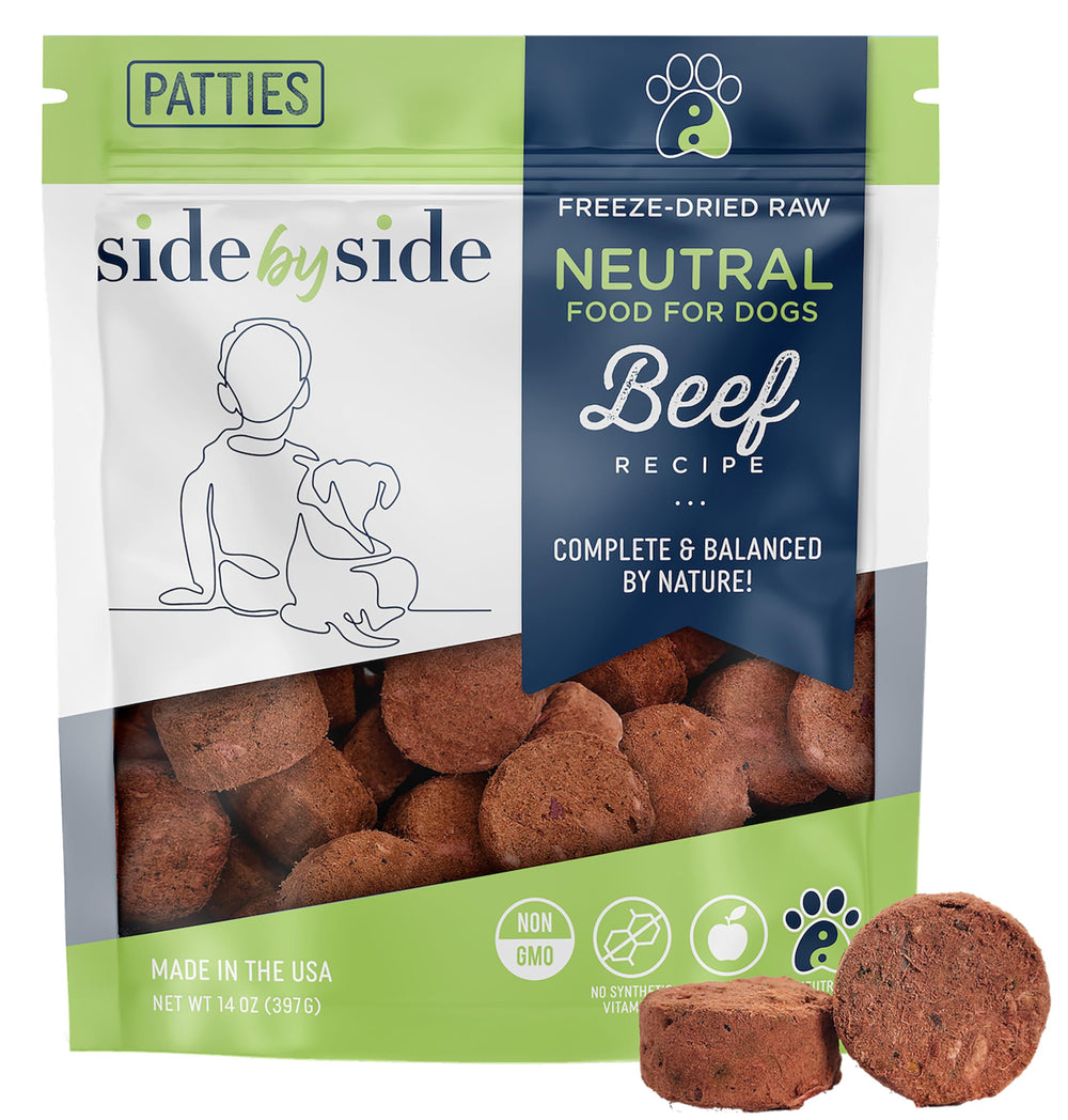Side by Side boeuf-patties-seches emballage clair, repas pratique pour chien.