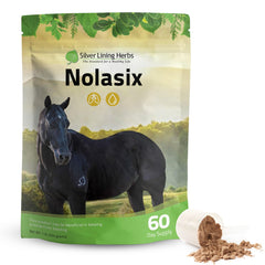 Nolasix de Silver Lining Herbs dans son emballage prêt à l’emploi pour l’alimentation quotidienne du cheval.