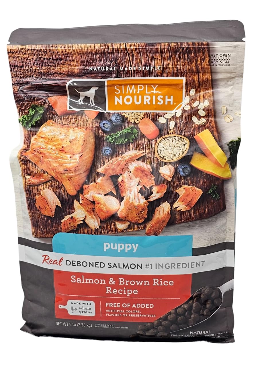 SIMPLY NOURISH chiot saumon et riz brun, sac 5lb pratique a ranger.