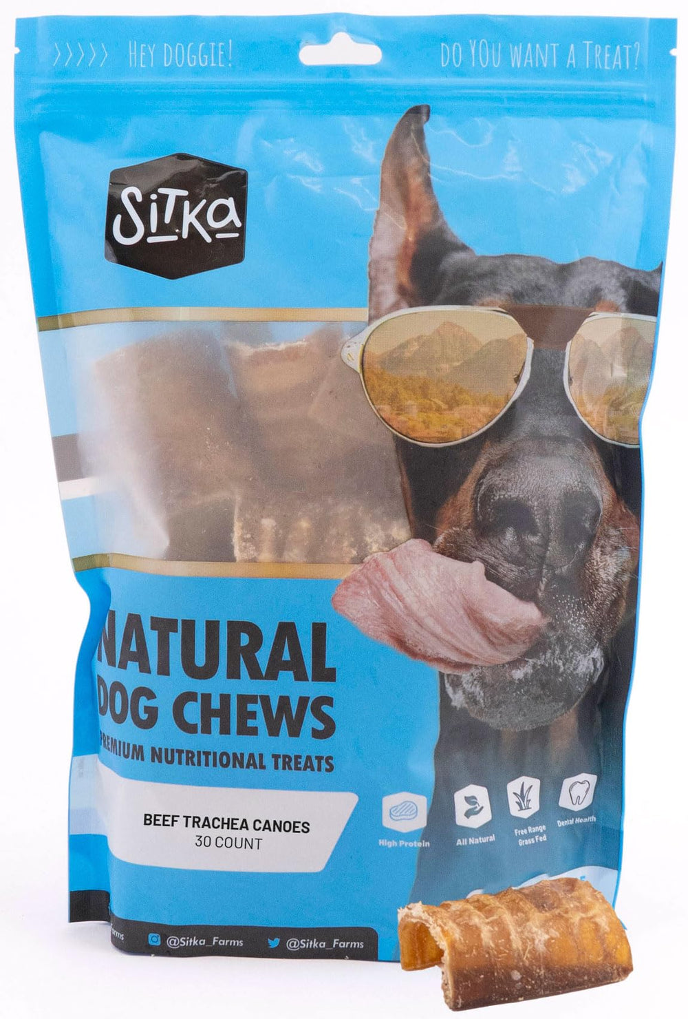 Friandise naturelle Sitka Farms trachée de boeuf canoës 3 pouces pour chiens actifs.