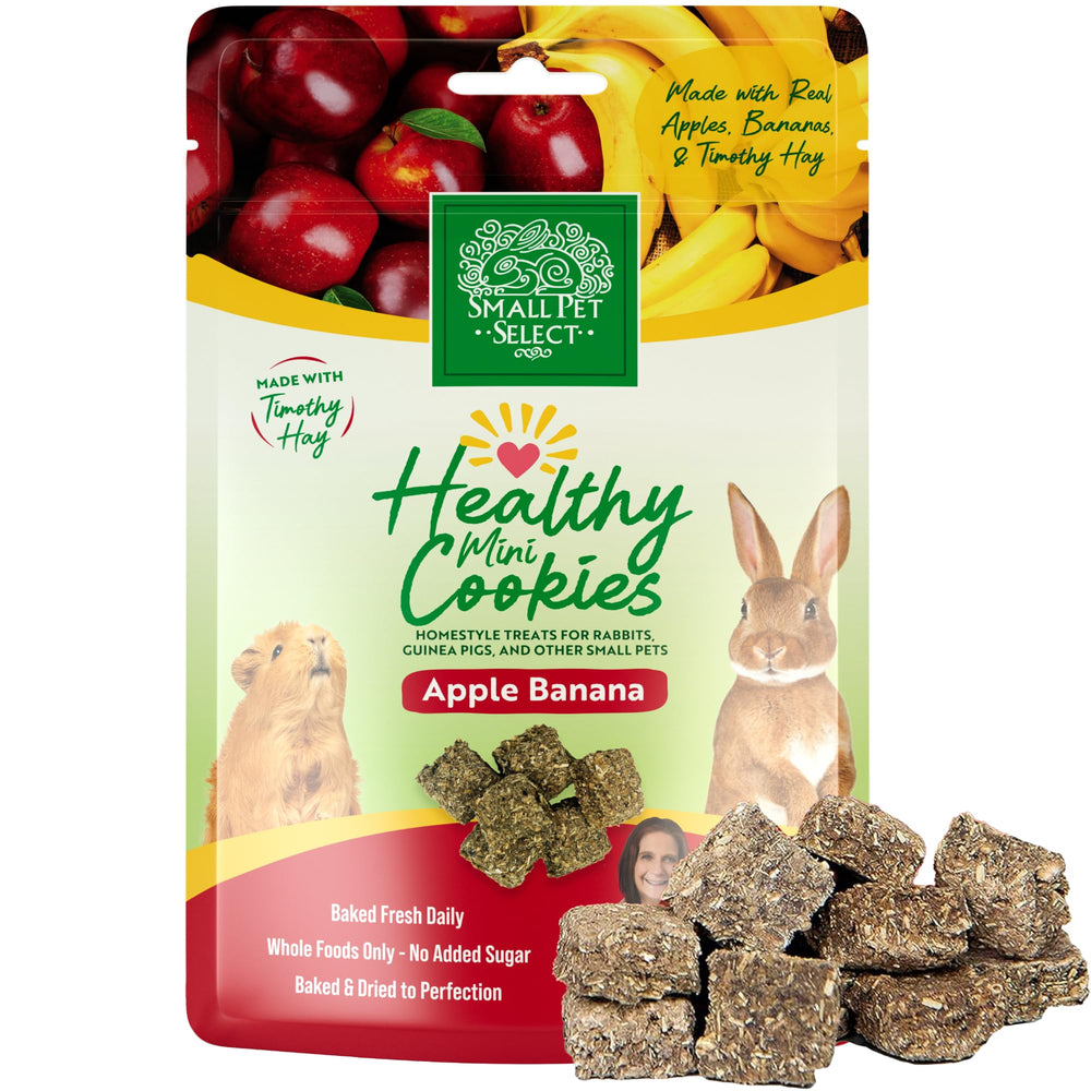 Small Pet Select snacker pomme-banane emballage: friandise saine pour lapins et cobayes, enrichissement.