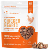smallbatch coeur de poulet séché, emballage 3-5oz, récompense naturelle pour chiens et chats.