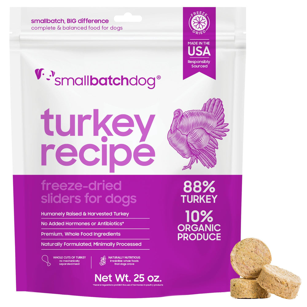 Smallbatch Pets dinde emballage clair, pratique pour planifier les repas.