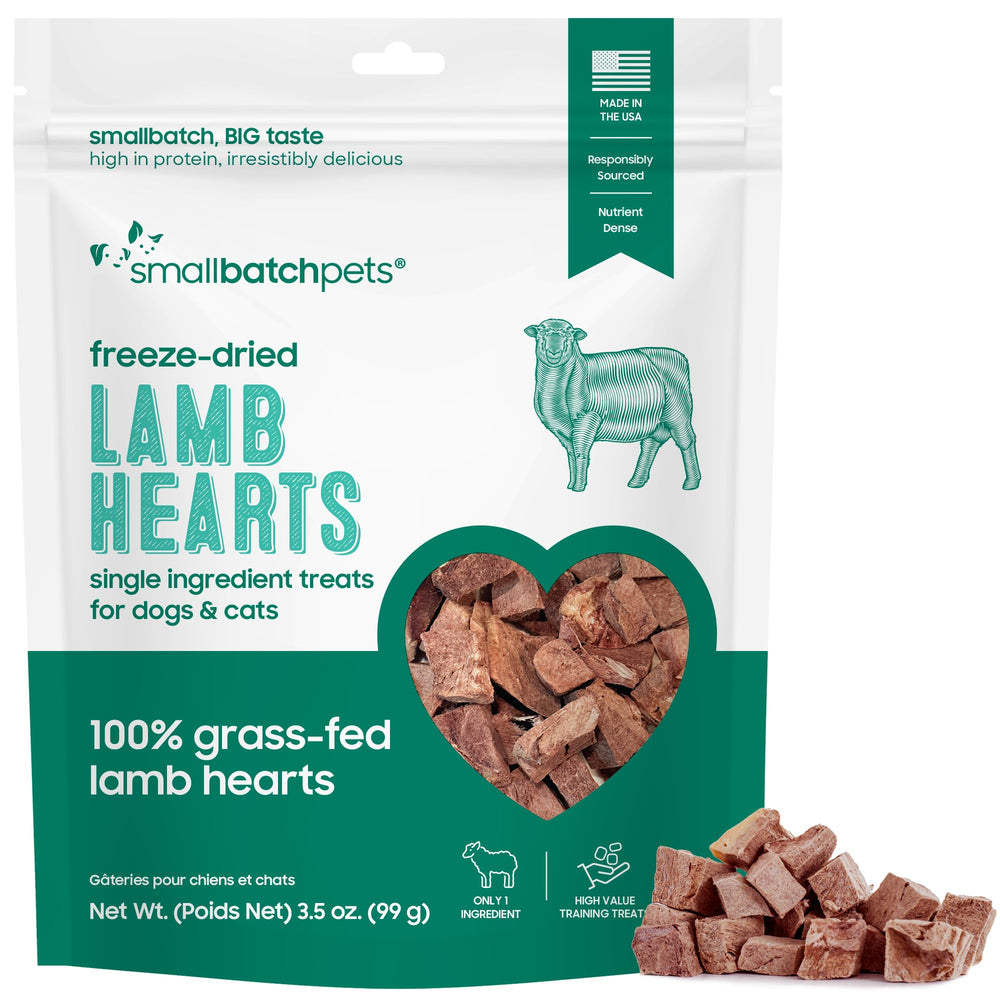 smallbatch friandises cœur d'agneau lyophilisé, emballage clair et naturel.