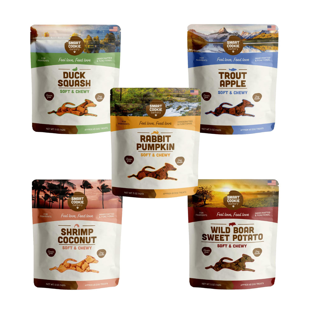 Friandises Smart Cookie crevettes coco tropiques, texture moelleuse idéale pour chiens.