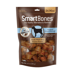 SmartBones Mini friandises sans cuir cru au beurre de cacahuète réel et poulet, faciles à mâcher.