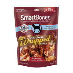 SmartBones Mini Bâtons au poulet enrobés, emballage visible, récompense pratique pour chiens.