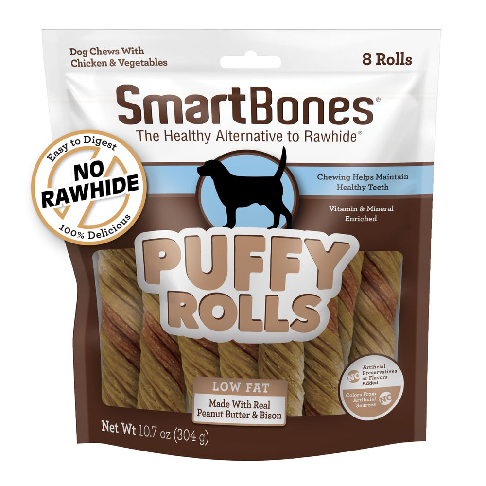SmartBones Puffy Rolls, gros plan à mâcher, friandise savoureuse et facile à mâcher.