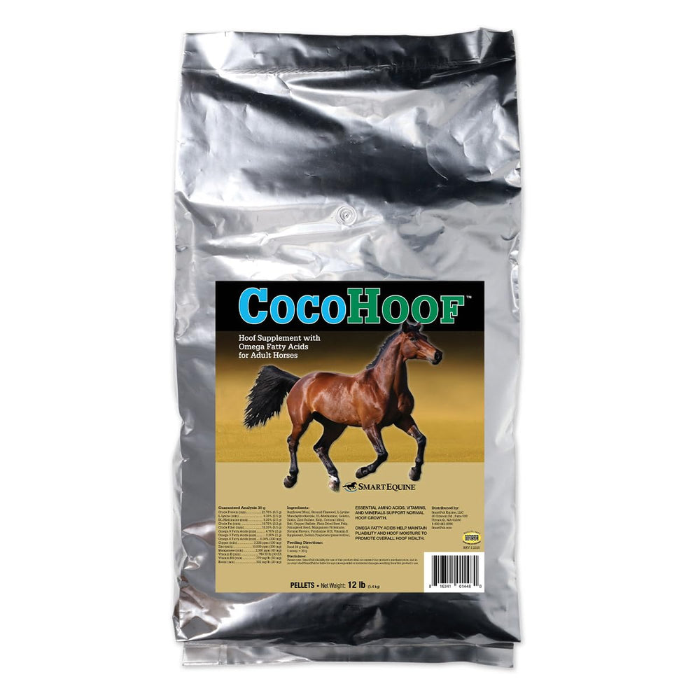 SmartEquine CocoHoof – bouteille montrant les pellets et les sabots potentiellement plus forts.