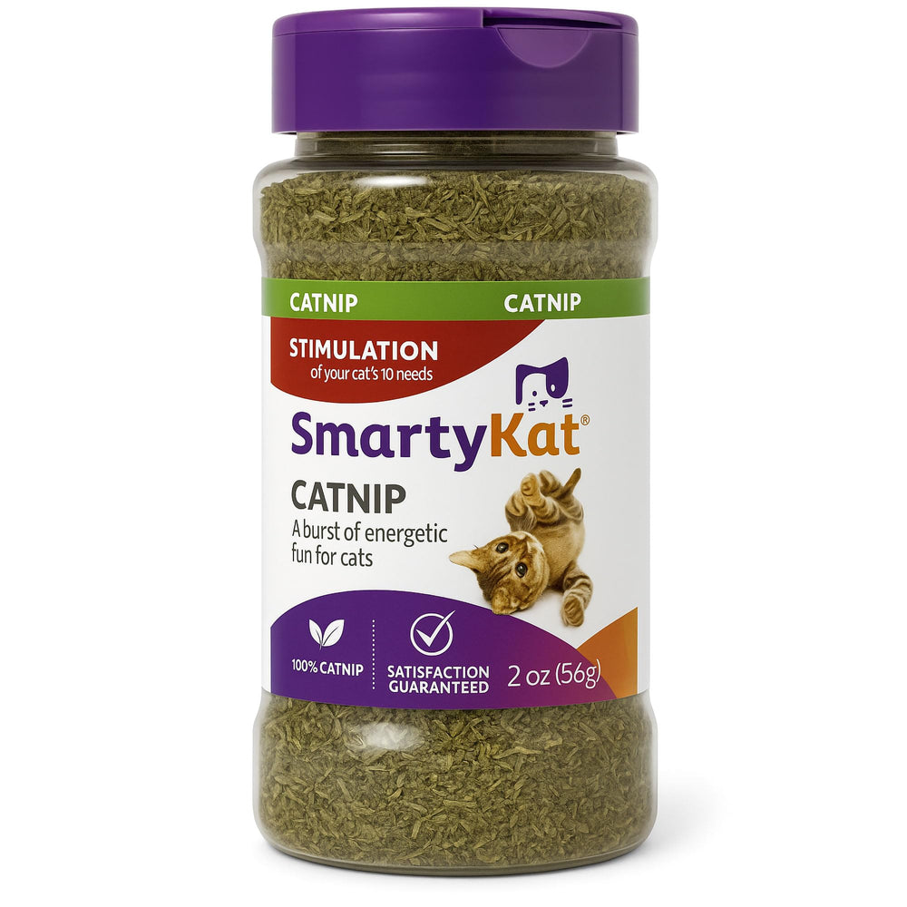 SmartyKat Catnip naturel dans son bocal hermétique, stimulant l'amusement des chats d'intérieur.