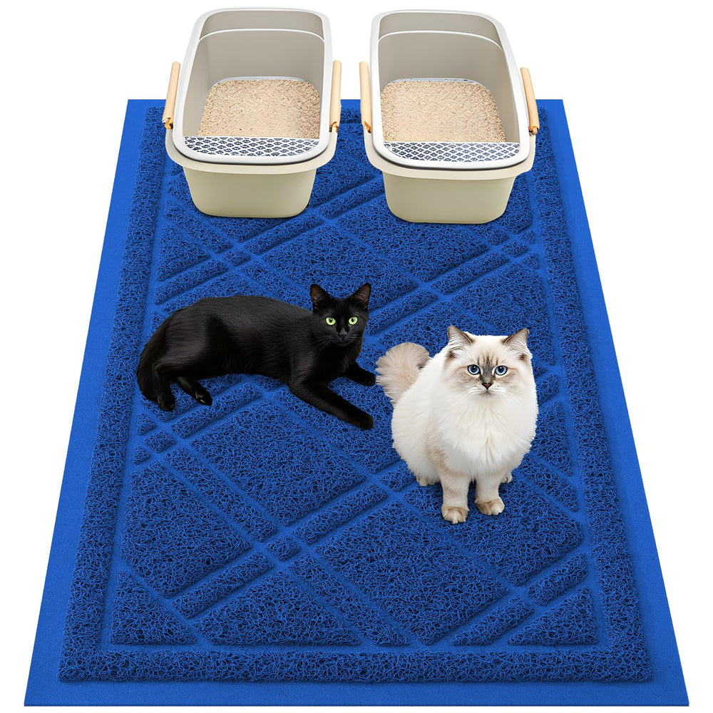 Smiry Tapis Litière Chat bleu vue face, capte les grains près de la caisse.