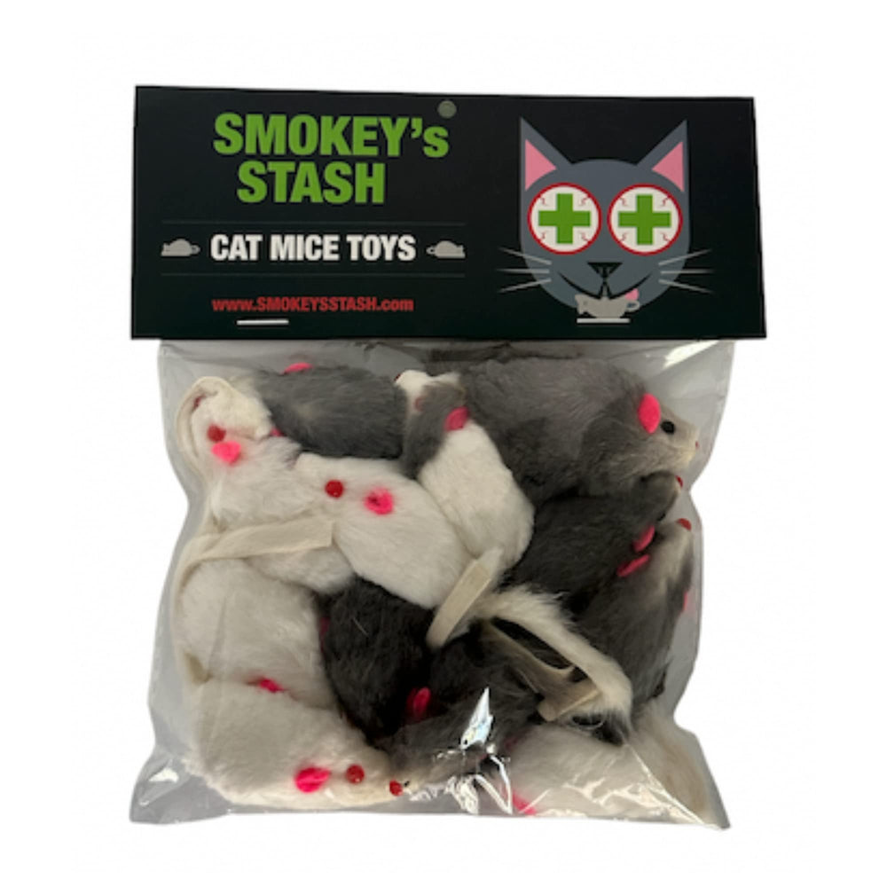 Souris Smokey's Stash en fourrure de lapin blanche avec cliquetis, parfaite pour jeu actif du chat