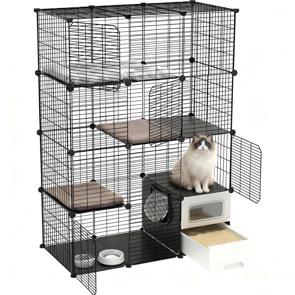 Cage SNAAT pour chat intérieur avec litière intégrée, nettoyage facilité.
