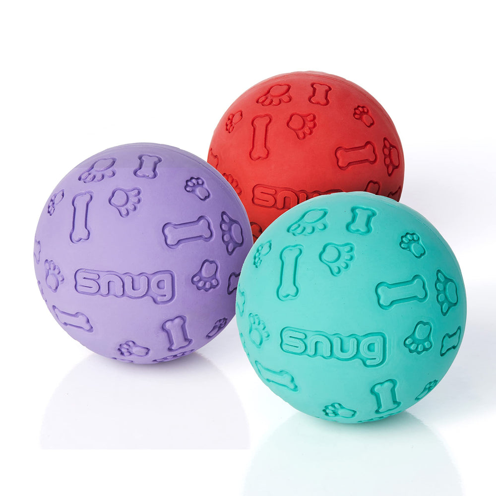 Balles Snug en caoutchouc pour chiens — vue d'ensemble, parfaites pour le jeu en extérieur.