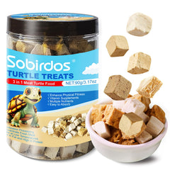 Friandises Sobirdos pour tortues: grains lyophilisés poulet-canard-saumon, texture appétissante.