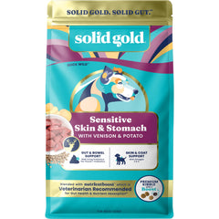 Croquettes Solid Gold à base de venaison sans céréales pour chiens sensibles.