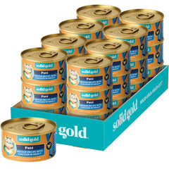 Pâté au poulet Solid Gold pour chat d'intérieur, texture appétissante et nutritionnelle.