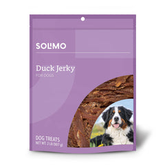 Solimo jerky de canard en emballage 2 lb, récompense pratique pour chien.