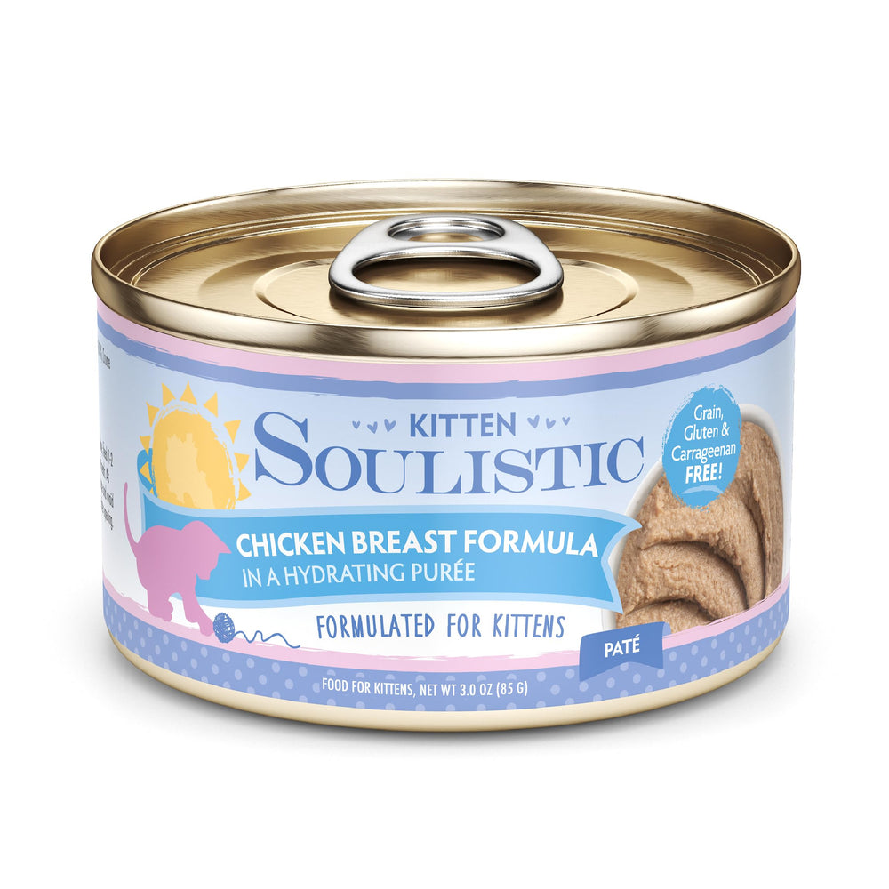 Soulistic chaton poulet purée hydratante en boîte 3oz, pack de 12, hydratation optimale.