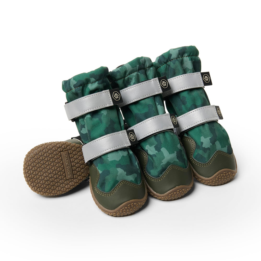 Bottes Spark Paws imperméables vert camo avant, protection contre la pluie.