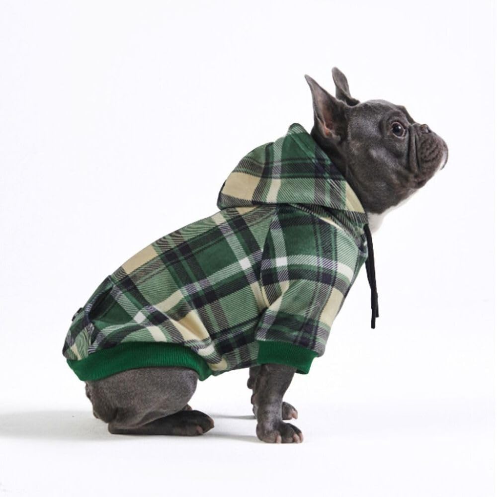 Spark Paws hoodie-chien plaid vert pratique et confortable pour les sorties quotidiennes.