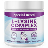 Special Breed Lysine pour chats: bouteille de poudre prête à l’emploi pour soutenir le bien-être respiratoire.