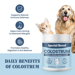 Special Breed Colostrum Bovin poudre prête à ajouter à l’alimentation.