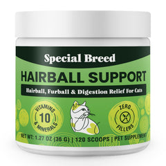 Special Breed Hairball Support, bocal, utilisé quotidiennement pour le soutien digestif.