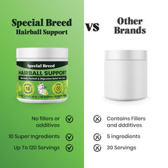Special Breed Hairball Support, ingrédients clés comme oméga-3 pour le pelage.