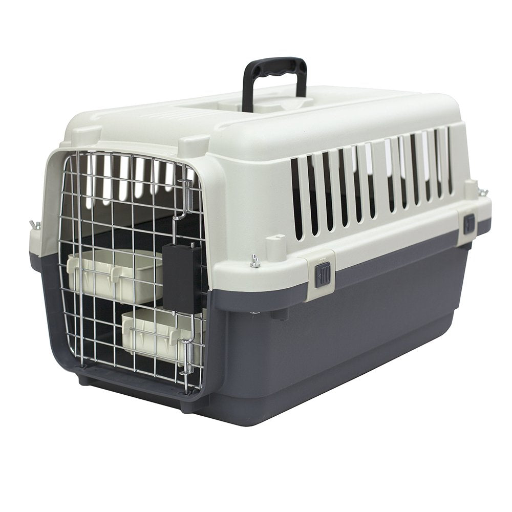 SportPet Caisse voyage chien creme gris avec poignée pour transport facilité.