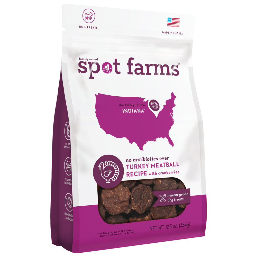 Spot Farms boulettes dinde emballage : friandises naturelles prêtes à l'emploi pour chiens.