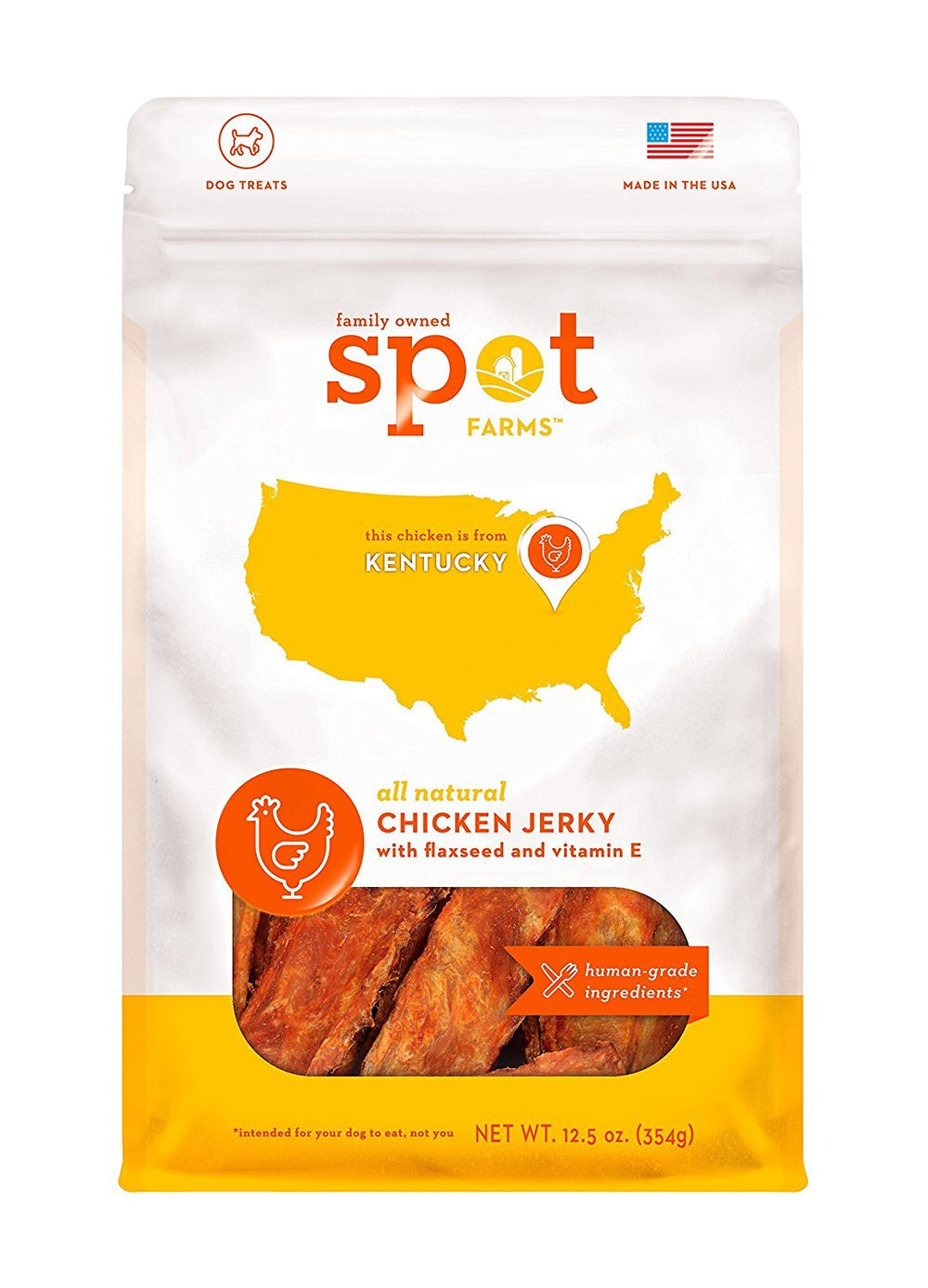 Spot Farms jerky poulet lin, sachet: récompense savoureuse pour l'entraînement quotidien.