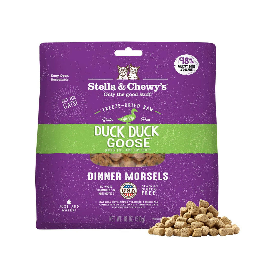 Stella & Chewy's canard cru lyophilisé, image de morsels riches en protéines pour chat.