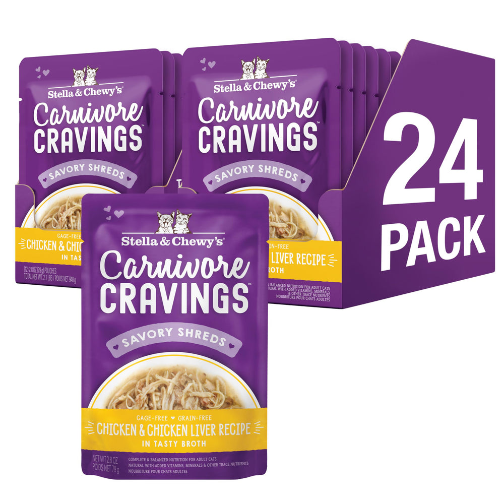 Stella & Chewy's Carnivore Cravings, sachet poulet foie, texture appétente pour chat difficile.