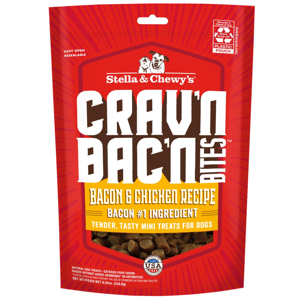 Stella & Chewy's Crav'n Bac'n – bouchées moelleuses bacon et poulet, récompense idéale pour l'entraînement.