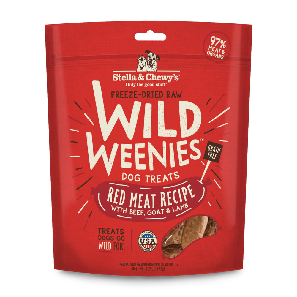 Friandises Stella & Chewy's Wild Weenies dans un sachet pratique, parfait pour l'entraînement.