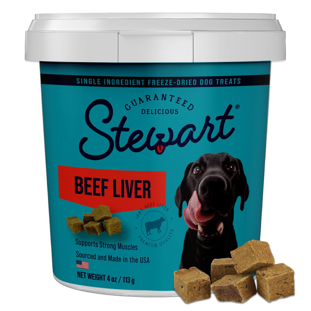 Stewart Foie de Boeuf Séché en tub 4oz, récompense protéinée idéale pour l'entraînement.
