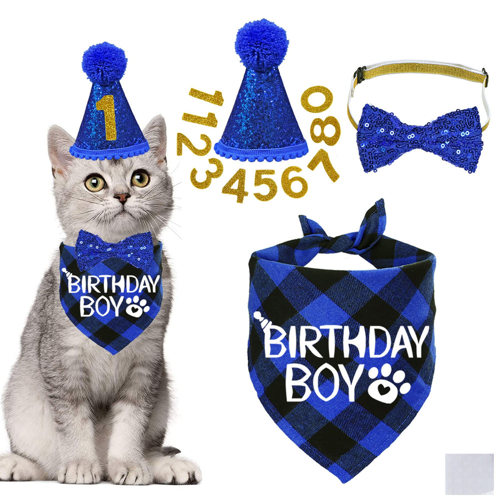 Bandana STMK anniversaire bleu à carreaux pour chat, idéal pour les photos festives.