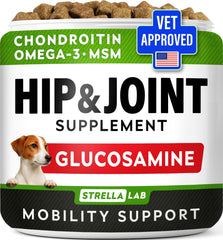 STRELLALAB Hip & Joint : bouteille avec bouchées bacon pour mobilité canine