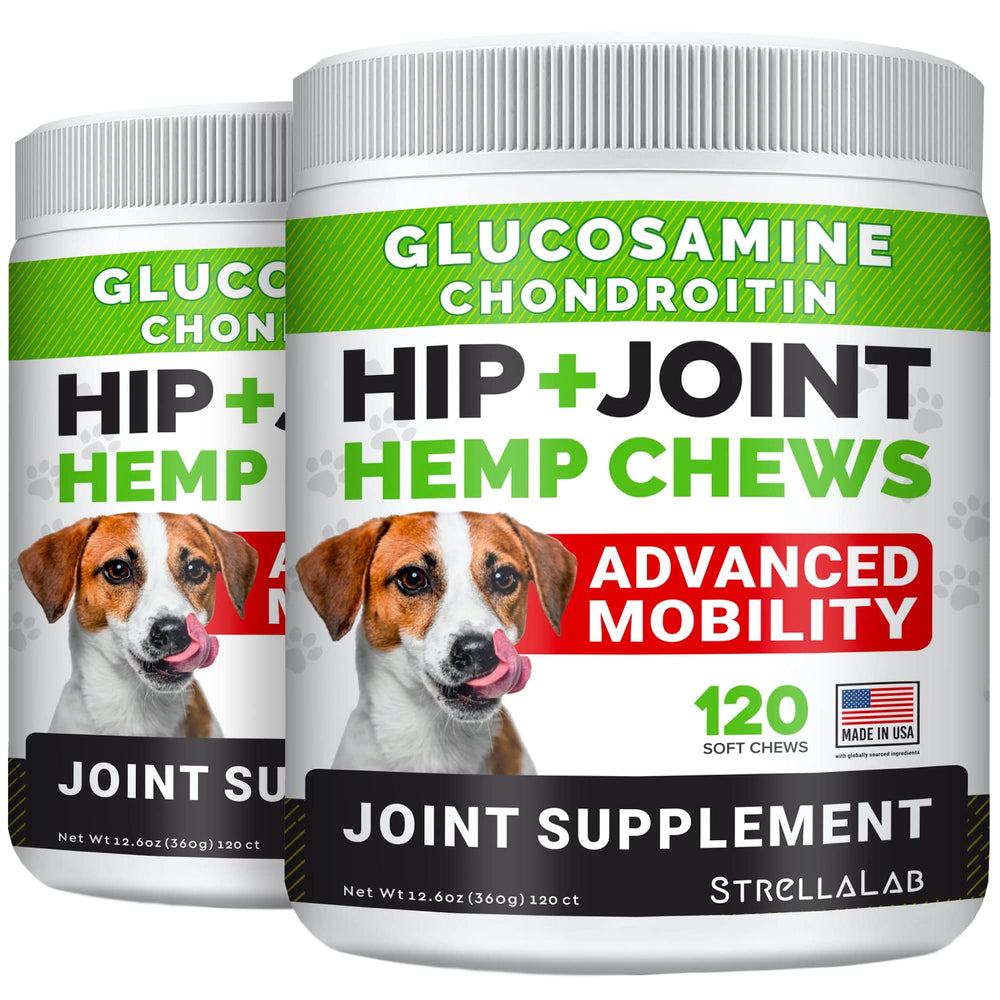STRELLALAB friandises articulations chien – boîte ouverte, soutien quotidien pour les hanches et la mobilité.