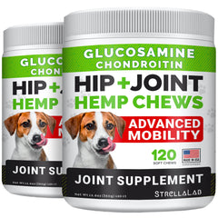 STRELLALAB friandises articulations chien – boîte ouverte, soutien quotidien pour les hanches et la mobilité.