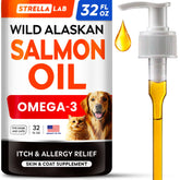 STRELLALAB huile saumon d'Alaska sauvage en bouteille avec pompe, dosage pratique pour tous les chiens et chats.